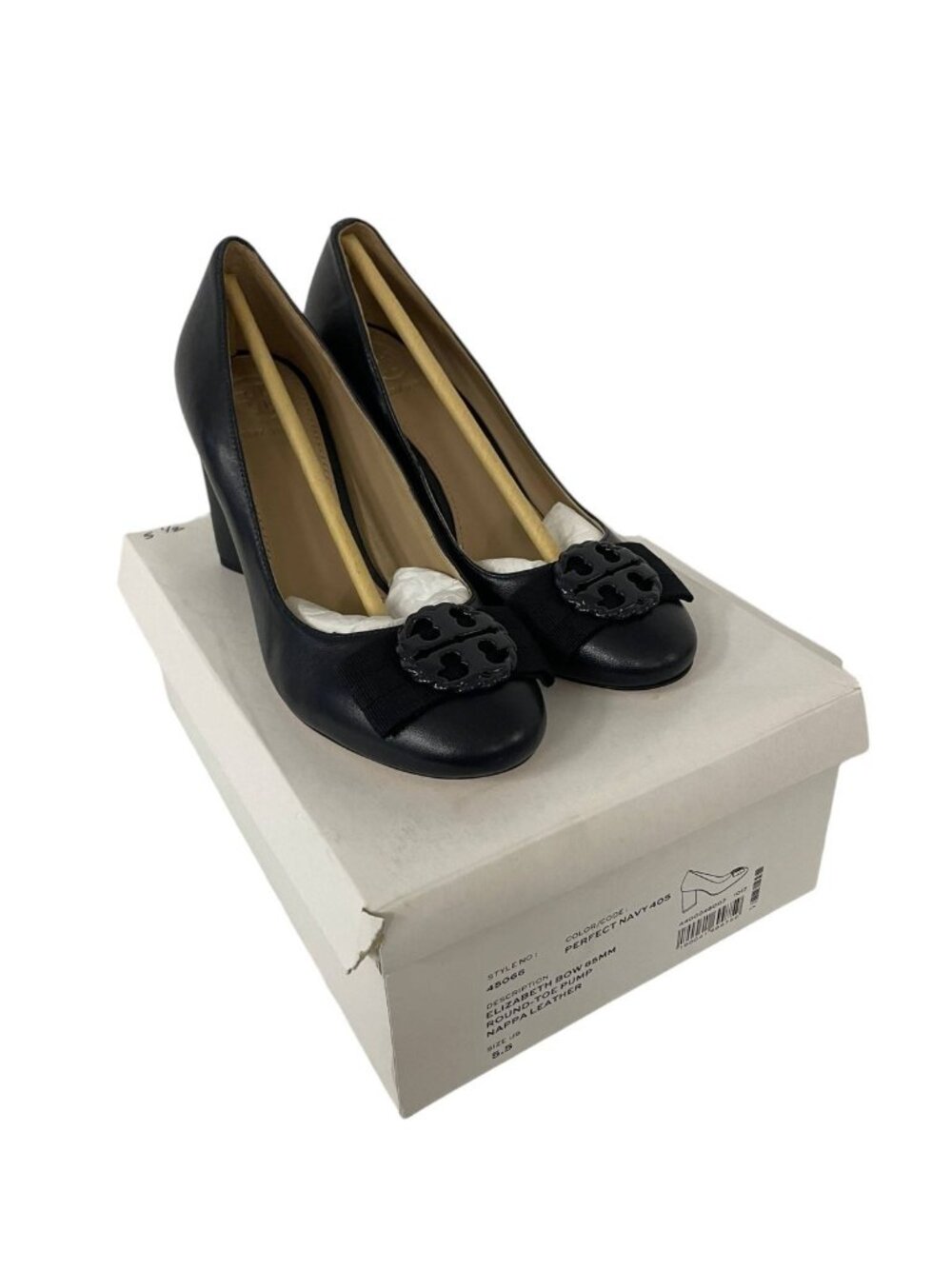 Tory Burch Elizabeth Bow 85mm Pumps Leather Heels Size 5.5 Navy Blue NWB